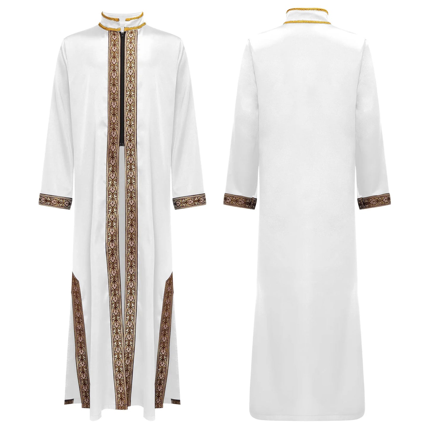 Boys Gold Embroidery Maxi Muslim Thobe Kaftans Arab Gown Islamic Robe Cosplay Long Sleeves Coats Festival Holiday Costume