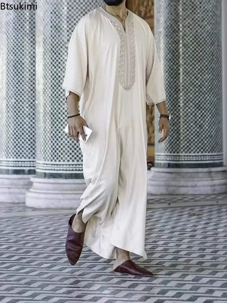 2025 Abaya Men Ramadan Cream Zina Islam Robe Kameez Galabia Spring New Ethnic Style Loose Casual Embroidered White Muslim Robe