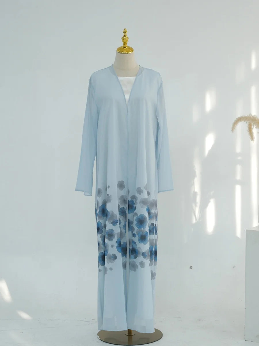 Muslim Women Arabic Dubai Abaya Chiffon Print Kimono Cardigan Long Dress With Hijab Modest Kaftan Robe Femme Islamic Clothing