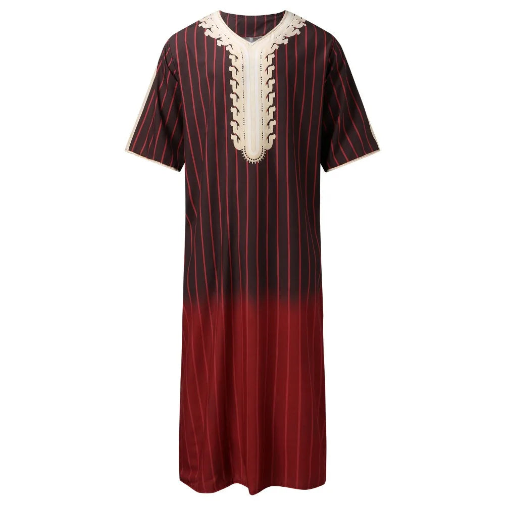 Men's Arabian Thobe - Summer V-Neck Short Sleeve Robe, Loose Fit Muslim Islamic Clothing for Casual Wear