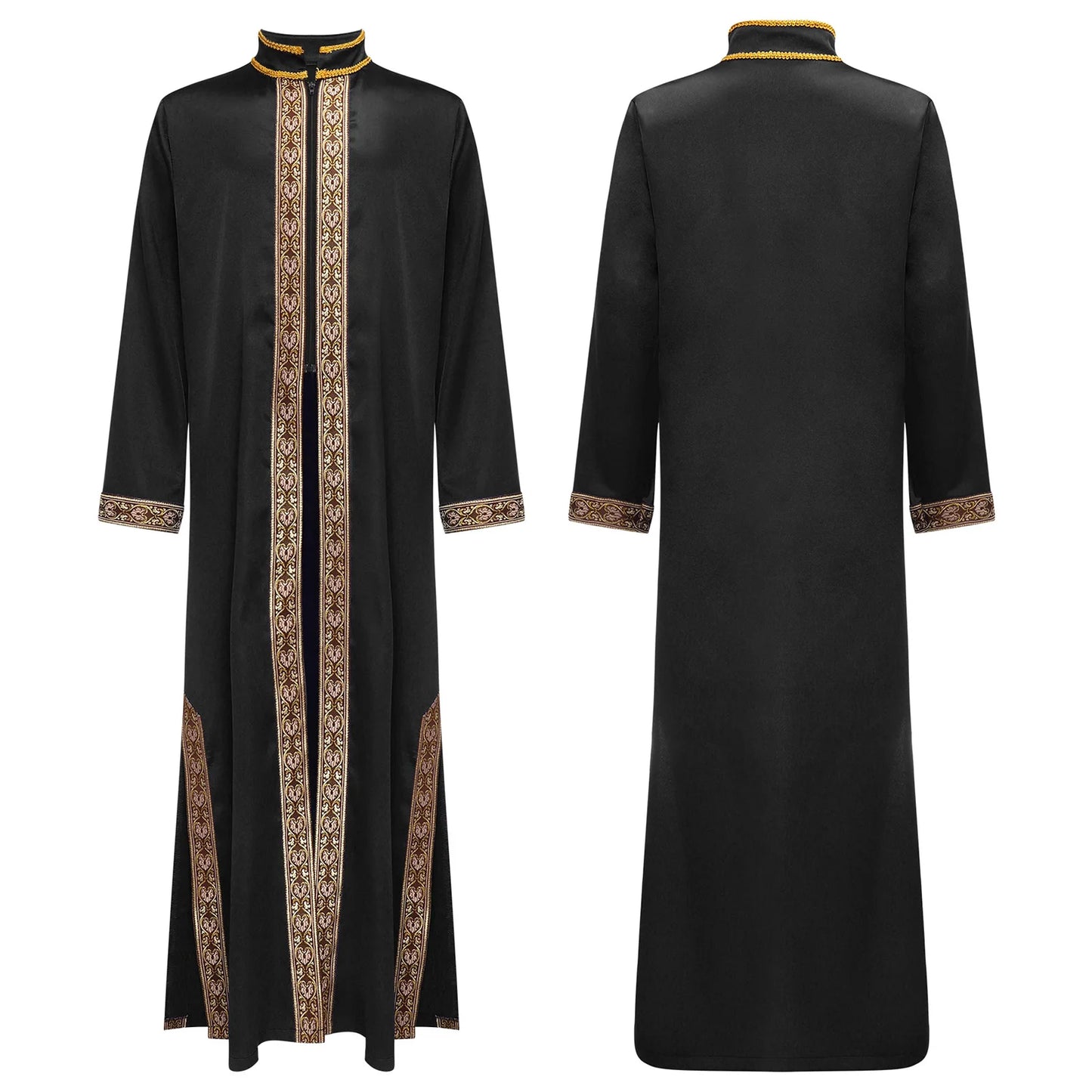 Boys Gold Embroidery Maxi Muslim Thobe Kaftans Arab Gown Islamic Robe Cosplay Long Sleeves Coats Festival Holiday Costume