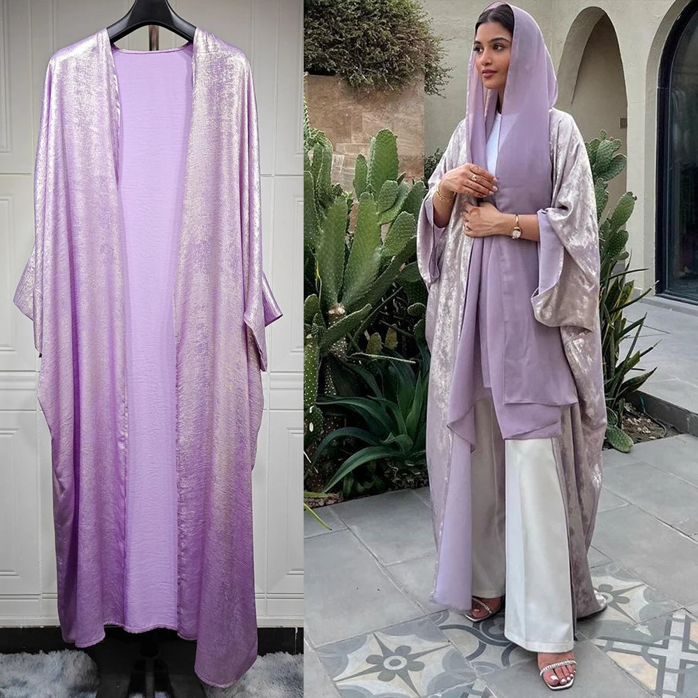 Shiny Satin Open Kimono Abaya 2025 Ramadan Dubai Luxury Muslim Kaftan Dress for Women Islam Clothing Robe Femme Musulmane