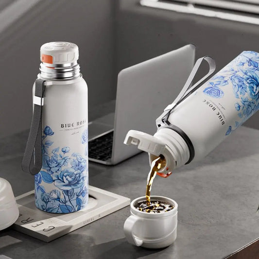 Portable 620ml Flower Pattern Thermos Bottle Stainless Steel with Filter Travel Mug Large-capacity Double Wall Thermal Cup Car