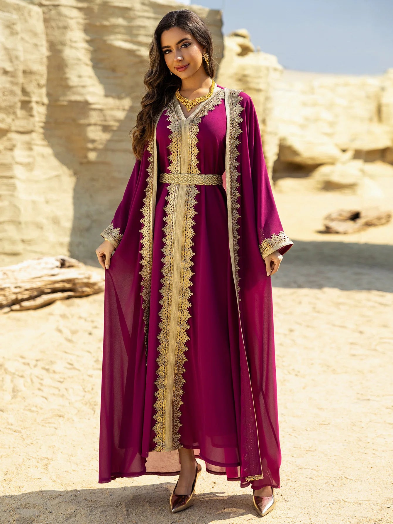 Eid Women Abaya Dress Muslim 2 Piece Set Cardigan with Inner Dress Lace-up Robe Caftan Robe Jalabiya Ramadan Morocco Kaftan 2025