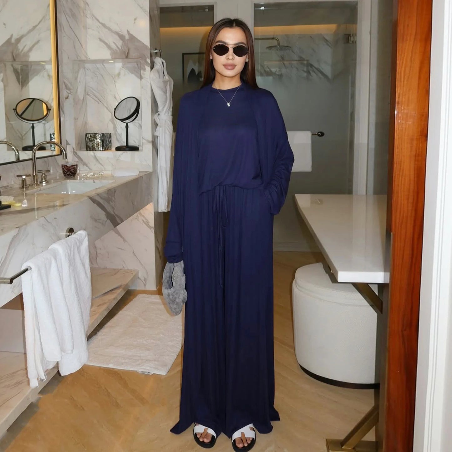 Muslim 3 Piece Set Women Cardigan Shirt Wide Leg Pant Blouse Top Suit Musulman Ensemble Dubai Casual Femme Outfits Solid Casual