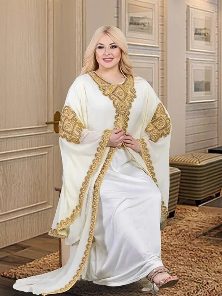 Women Abaya Party Dresses Muslim Caftan 2 Piece Set Eid Flare Sleeves Robe Embroidered Gold Lace Dress Suit Jalabiya Ramadan