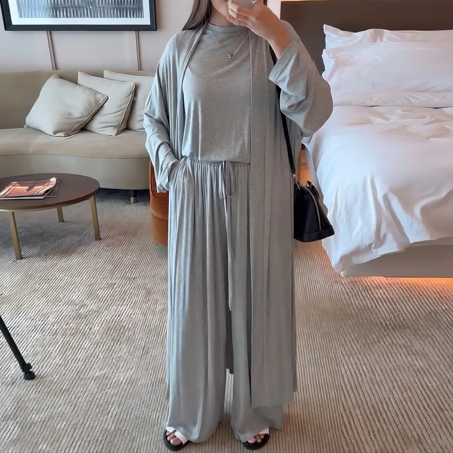 Muslim 3 Piece Set Women Cardigan Shirt Wide Leg Pant Blouse Top Suit Musulman Ensemble Dubai Casual Femme Outfits Solid Casual