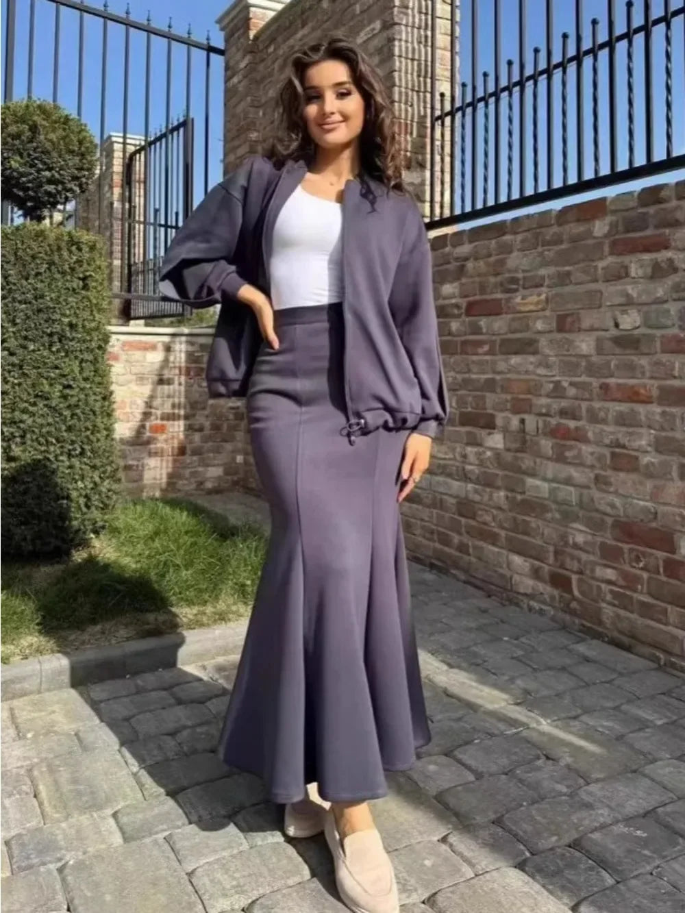 Women 2 Piece Set Coat Long Skirt Suit Zipper Jacket Morocco Dubai Islam Casual Ensemble Muslim Femme 2025 Skirts Outfits
