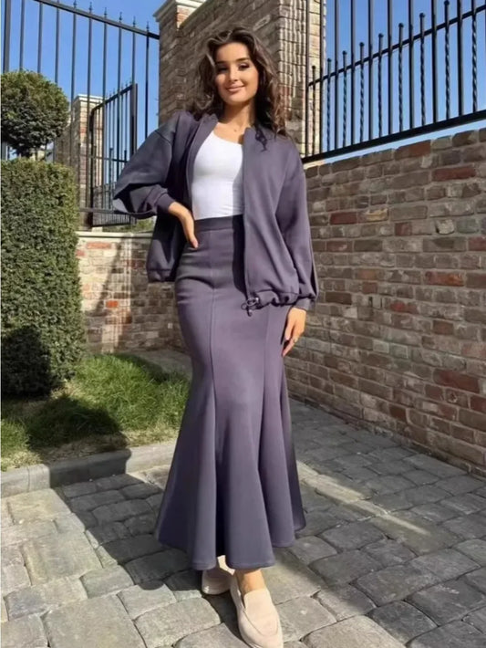 Women 2 Piece Set Coat Long Skirt Suit Zipper Jacket Morocco Dubai Islam Casual Ensemble Muslim Femme 2025 Skirts Outfits