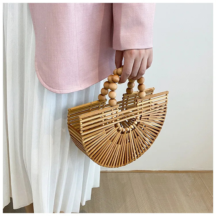 Handmade Fashion Bamboo Handbag Pearl Handle Design Elegant Women Hollow Out Beach Bag Vacation Women Straw Bag Female Bags