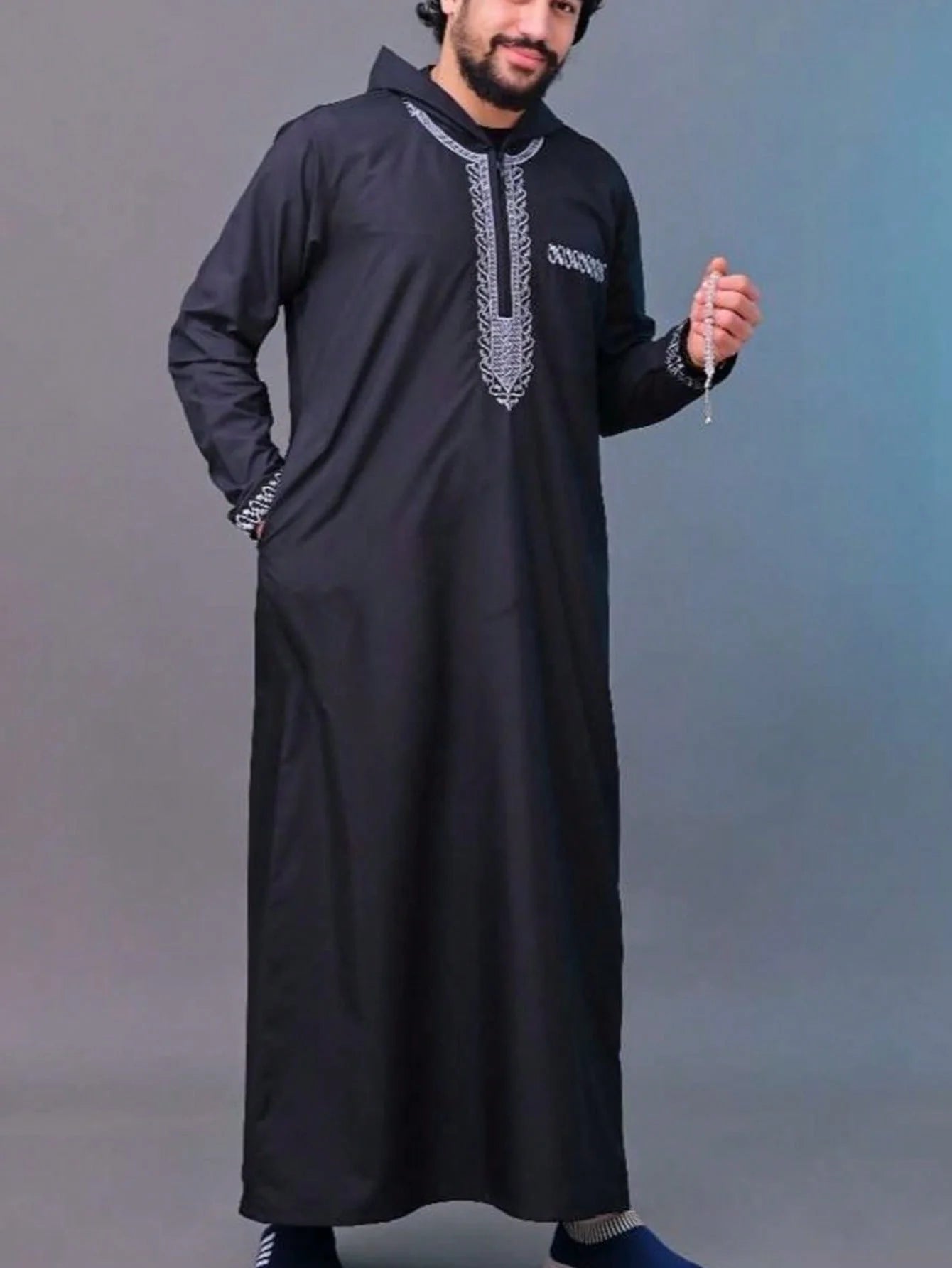 Hooded Moroccan robe Luxury men's embroidered sleeve long pocket Muslim garment Abaya Middle East Juba Thobe robe