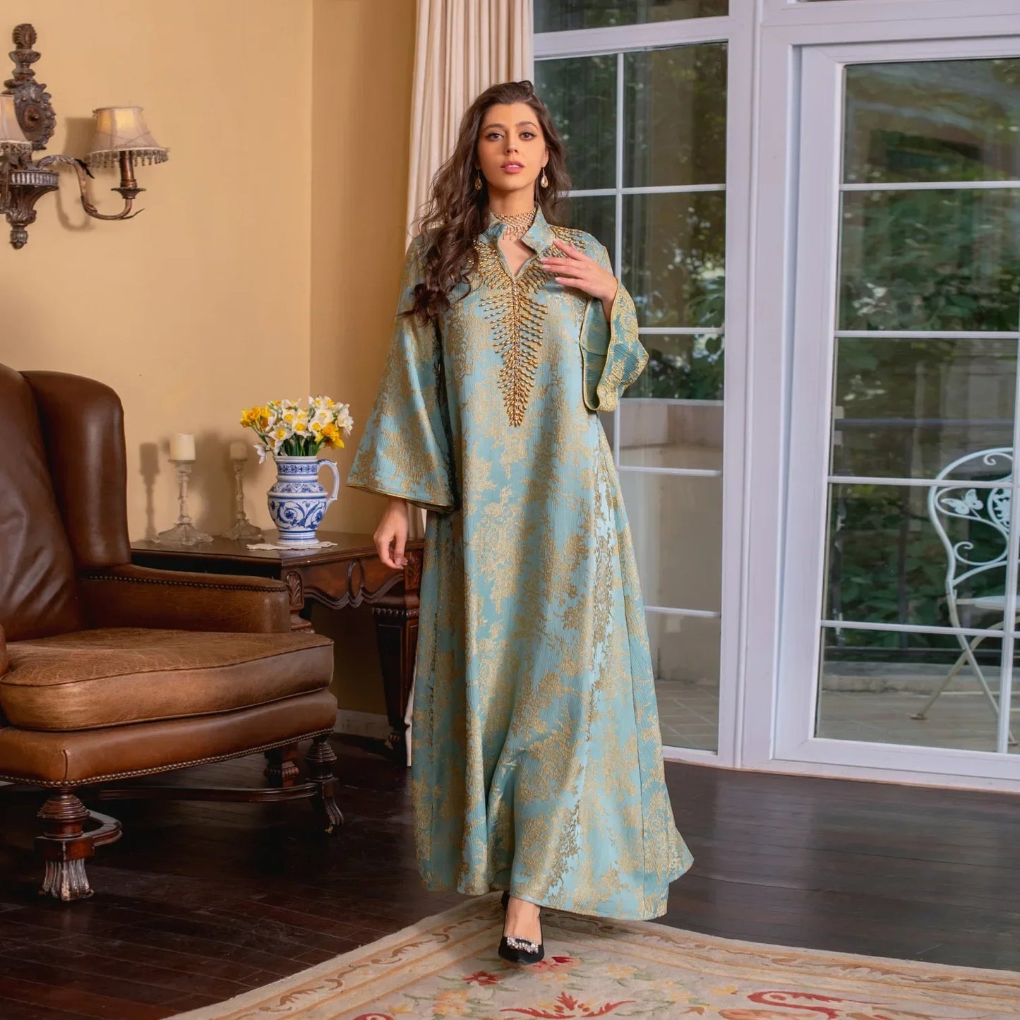 Eid Muslim Dress for Women Abaya Beading Stand Collar Jalabiya Morocco Party Dresses Abayas Kaftan Abaya Vestidos Arab Long Robe