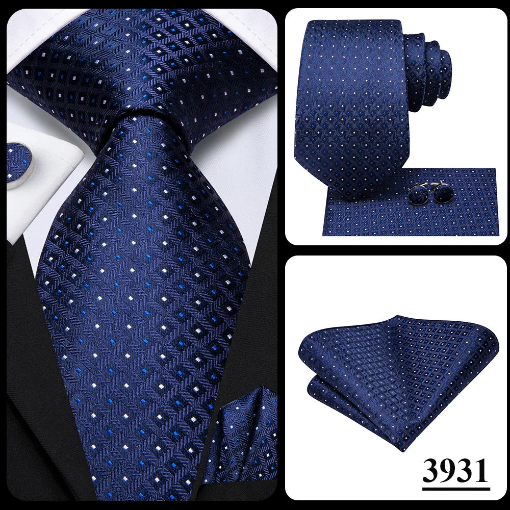 Hi-Tie Fashion 8.5cm Black Plaid Dots Men's Elegant Tie Handkerchief Cufflinks Set Wedding Party Accessories Gift for Men Gravat