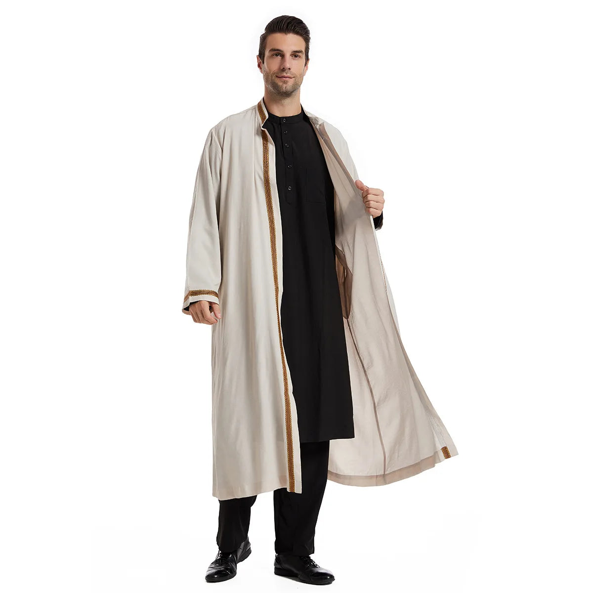 Elegant Bisht for Men Arabic Thobe Outer Robe Fashion Embroidery Islamic Jubba Kaftan Formal Ceremony Wear