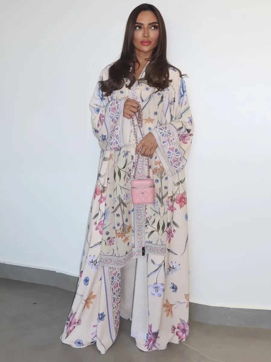 Muslim Women Dubai Abaya Luxury Floral Print Kimono Cardigan Hijab Long Dress Kaftan Ramadan Robe Femme Islam Clothing Kebaya