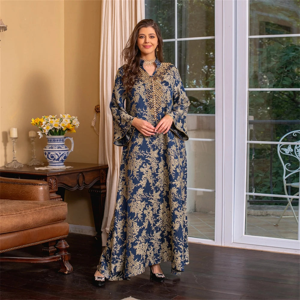 Dubai Women Muslim Maxi Dress Beads Party Gown Turkey Caftan Marocain Femme Robe