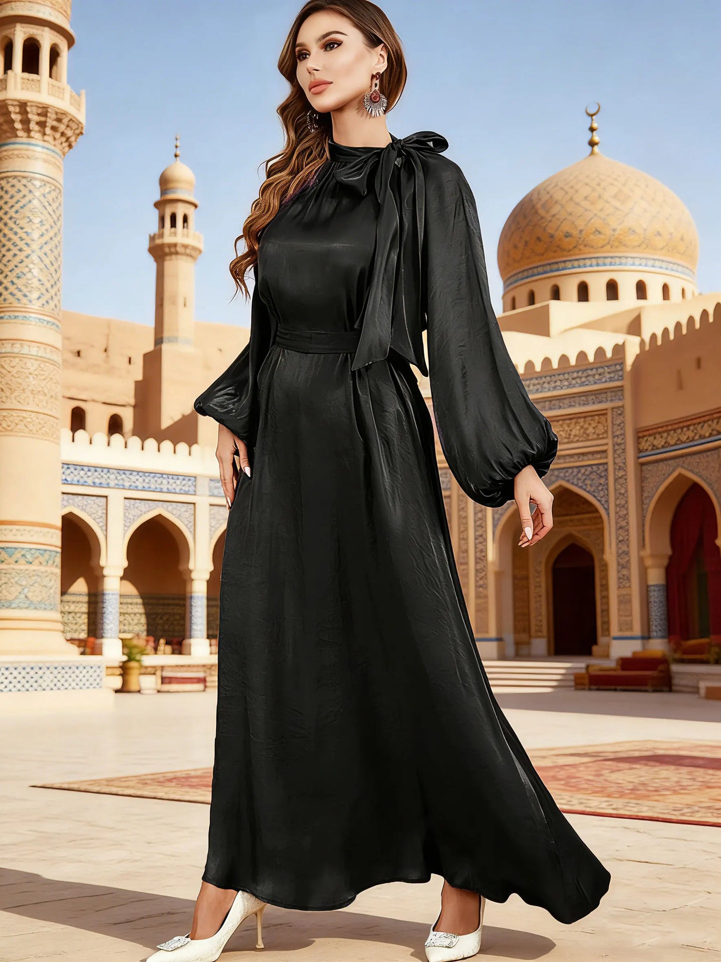 Elegant Tie Neck Abaya Belted Lantern Sleeve Maxi Dress Women Muslim Moroccan Kaftan Ramadan Jalabiya Islam Dubai Arabic Robes