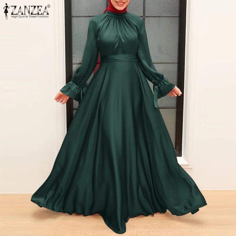 Elegant Muslim Dress Abaya Women Long Dress 2025 ZANZEA Long Sleeve Satin Party Sundress Robe Femme Turkey Hijab Vestidos Kaftan