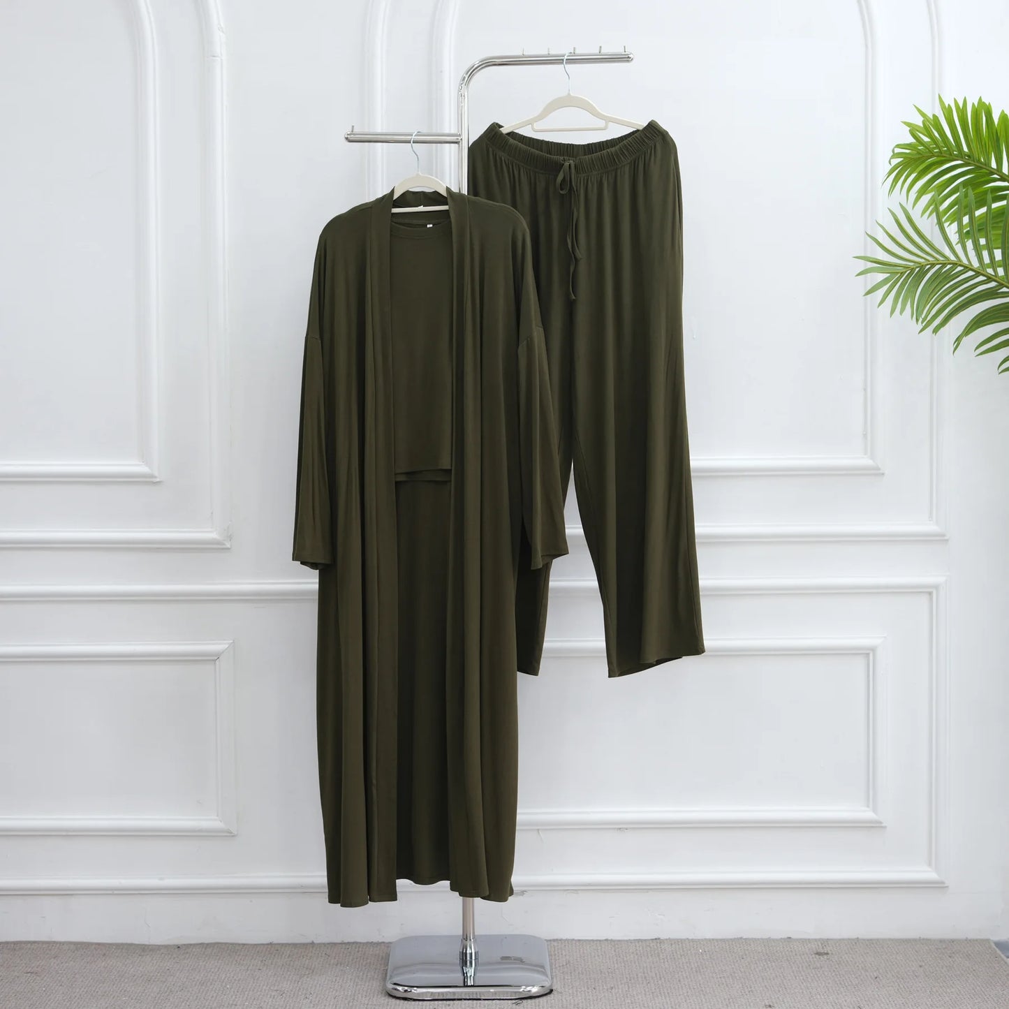 Muslim 3 Piece Set Women Cardigan Shirt Wide Leg Pant Blouse Top Suit Musulman Ensemble Dubai Casual Femme Outfits Solid Casual