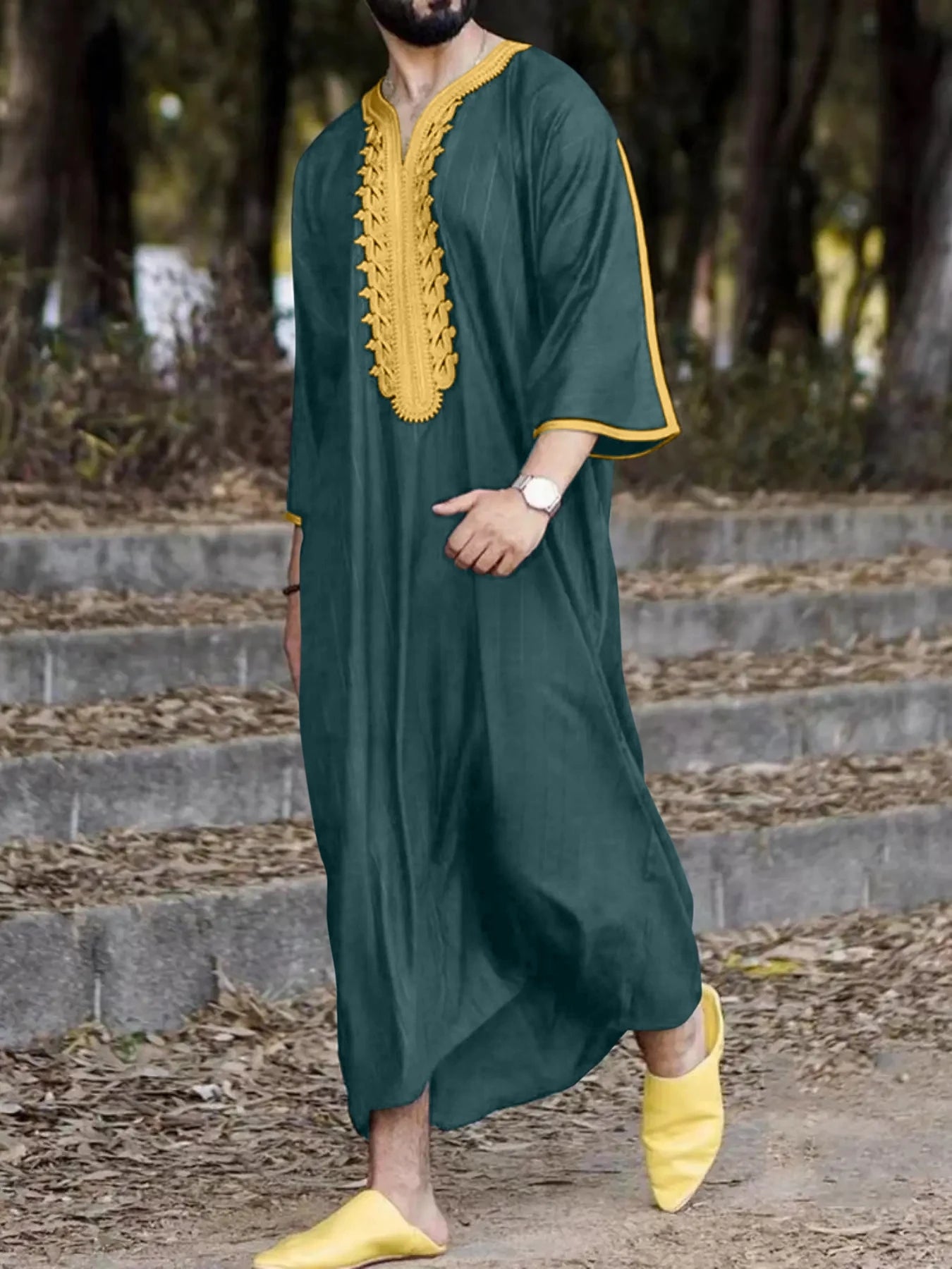 Moroccan Hand Embroidered Islam Kaftan Muslim Men's Clothing Loose Breathable Djellaba Abaya Thobe Summer Caftan