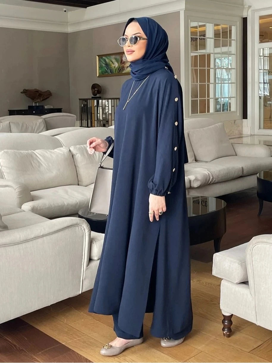 Blouse 2 Piece Set Muslim Set Dress Women Long Sleeve Abaya Shirt Wide Leg Pant Suits Arabic Dubai Dresses Musulman Ensembles
