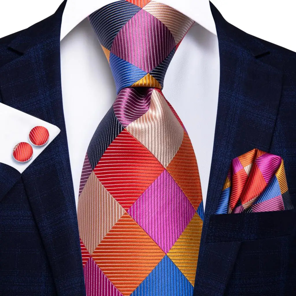 Hi-Tie Plaid Silk Tie For Men Elegant Mens Blue Grey Necktie Pocket Square Cufflink Groom Wedding Accessory Wholesale Designer