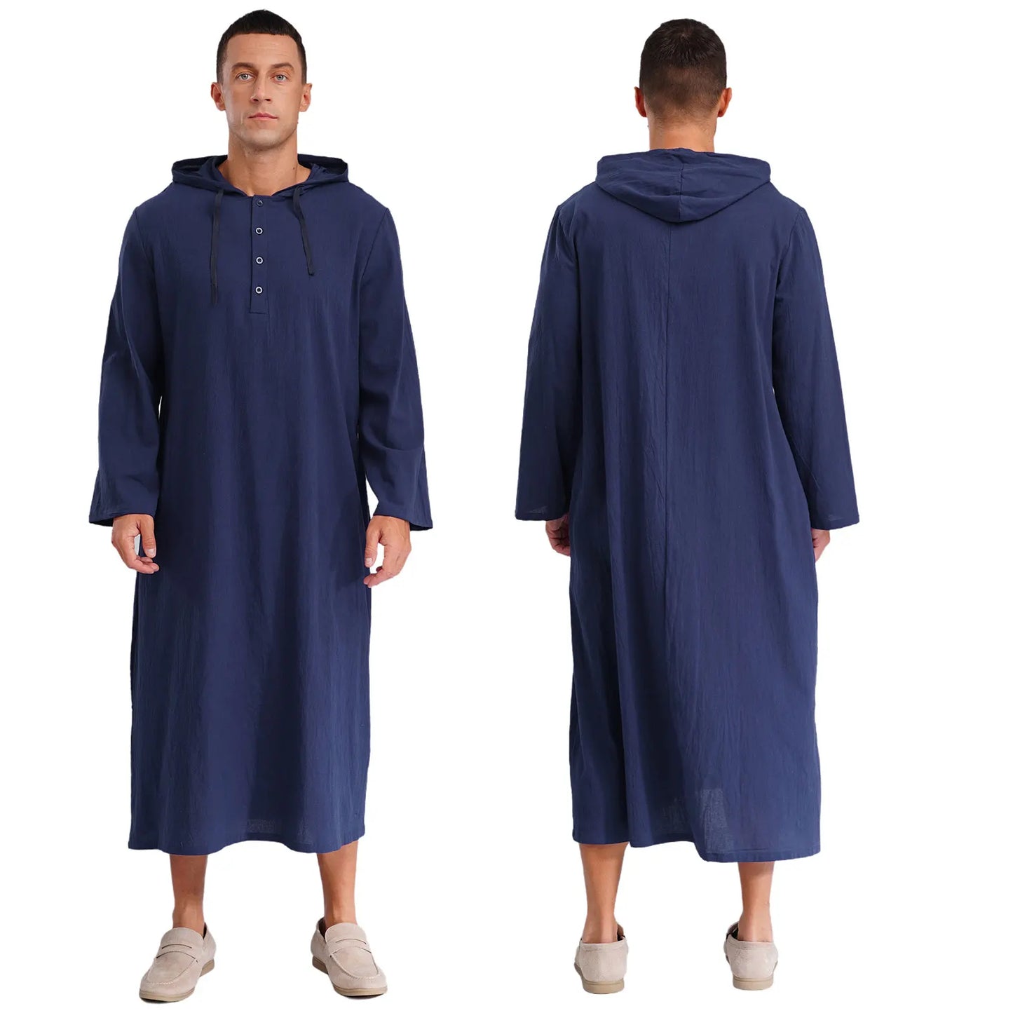 Mens Jubba Thobes Linen Muslim Robe Hooded with Pockets Middle East Islam Arabic Moroccan Kaftan Eid Prayer Long Robe Dress