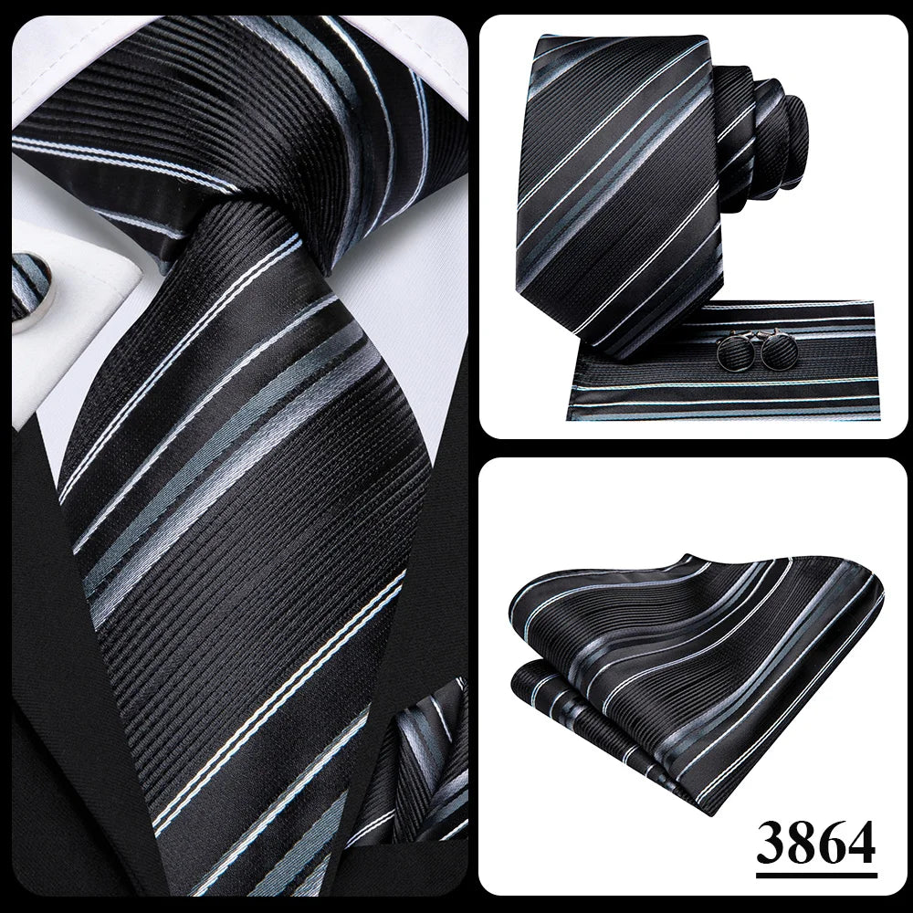 Hi-Tie Men Fashion Striped Navy Blue Necktie Handkerchief Cufflinks for Tuxedo Accessory Classic Silk Luxury Tie for Man Gift