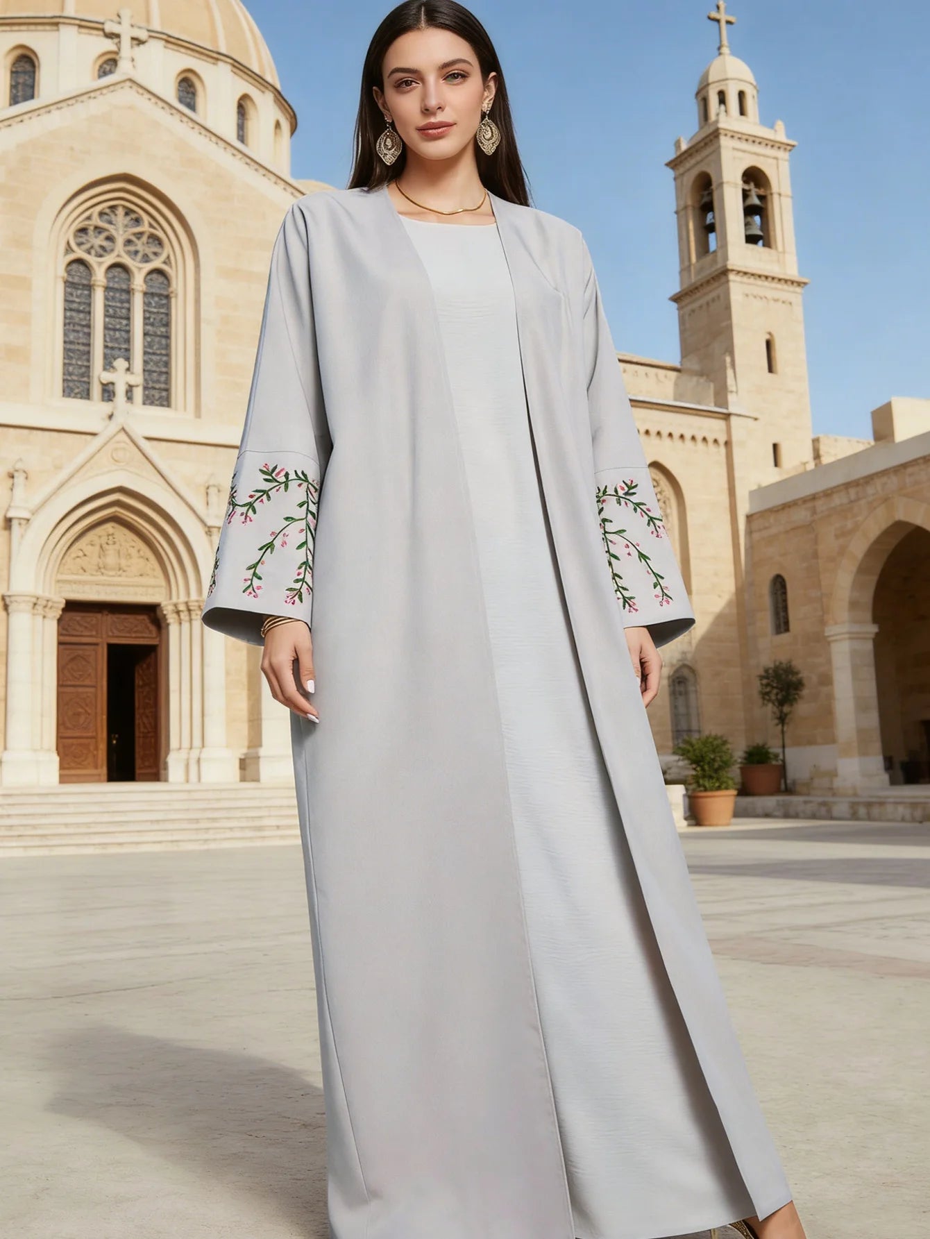 EID Ramadan Floral Embroidery Abaya Modest Clothing Dubai Abaya Turkey Linen Kimono Islamic Clothing