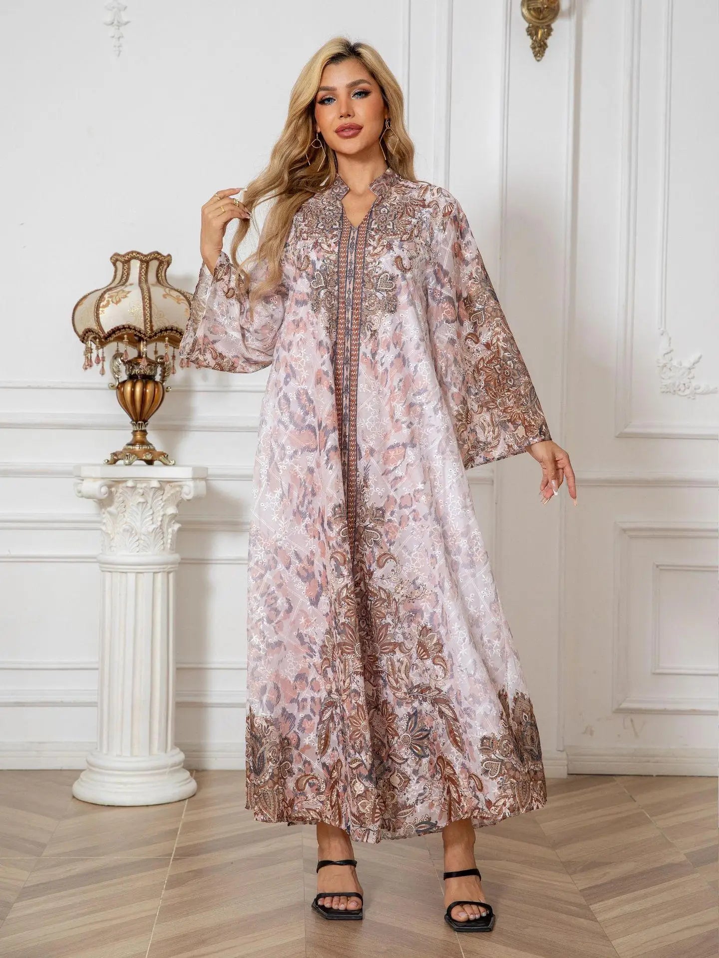 Embroidered Rhinestone Abaya Long Sleeve Modest Maxi Abaya Middle East Muslim Traditional Abaya Floral Glam Ramadan Kaftan