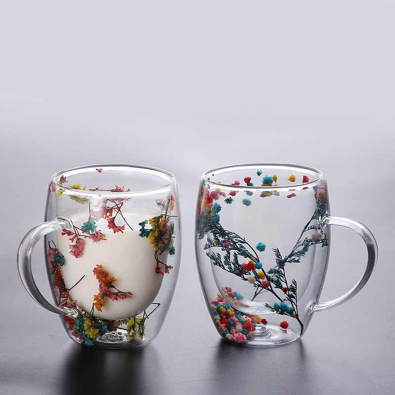 350ml Double Wall Glass Coffee Mug with Handles Clear Milk Cups Gifts Glass Cup Fill Artificial Simulation Flowers Teacup Gift
