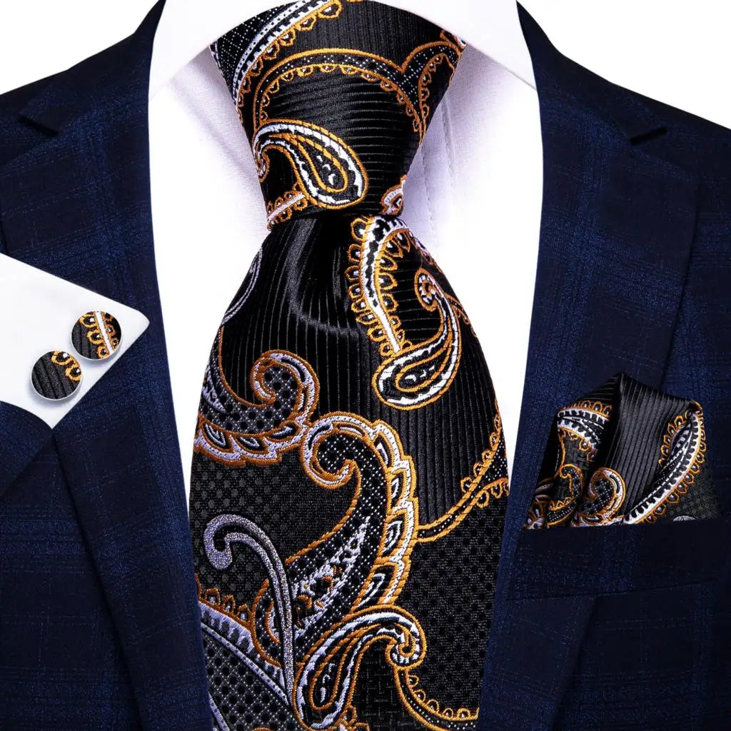 Hi-tie Design Black Solid Dot Silk Wedding Tie For Men Hanky Cufflink Gift Men Necktie Gravata Set Fashion Business Dropshipping