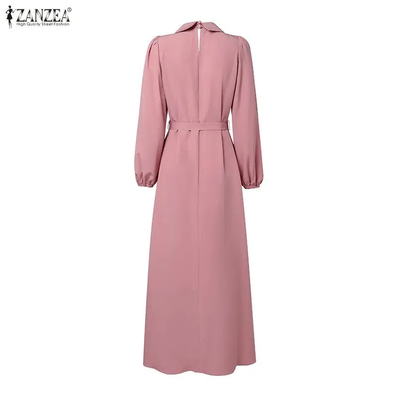 Elegant Muslim Dress Abaya ZANZEA Women 2025 Autumn Dresses Long Lantern Sleeve Pleated Sundress Belted Robe Femme Party Vestido