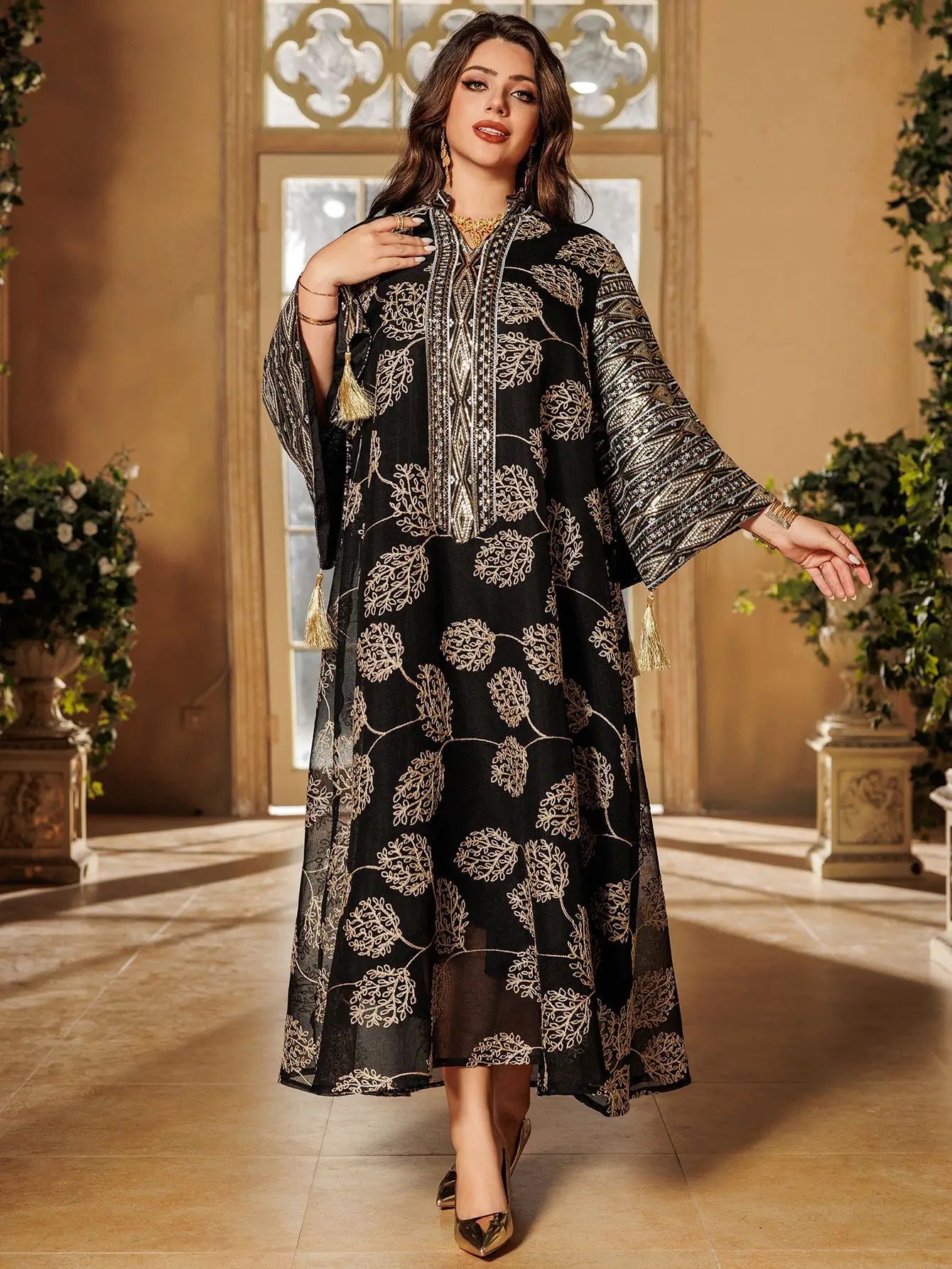 Muslim Women's Light Blue Islamic Embroidered Abaya with Gold Detailing Ideal for Formal Events in Middle East like UAE Saudi