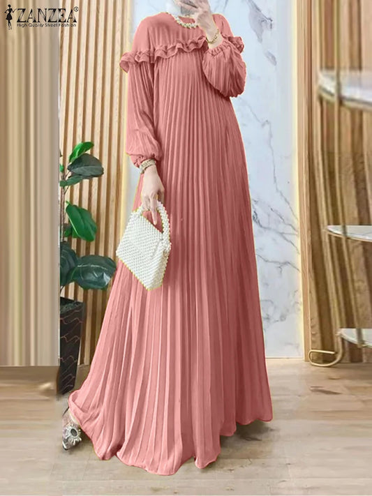 ZANZEA Elegant Hijab O Neck Maxi Dress Pleated Women Solid Muslim Islamic Abaya Robe Lantern Sleeve Casual Ruffles Vestidos