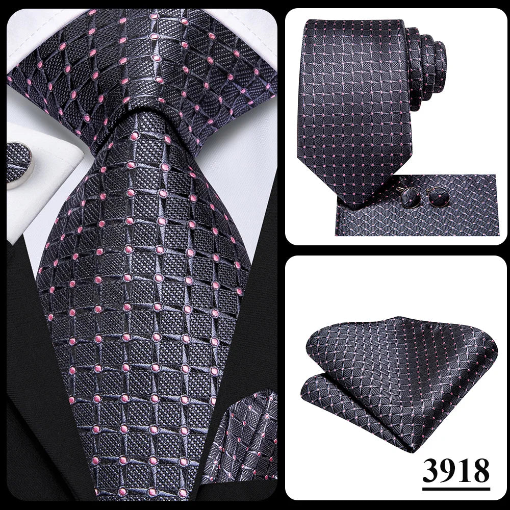 Hi-Tie Fashion 8.5cm Black Plaid Dots Men's Elegant Tie Handkerchief Cufflinks Set Wedding Party Accessories Gift for Men Gravat
