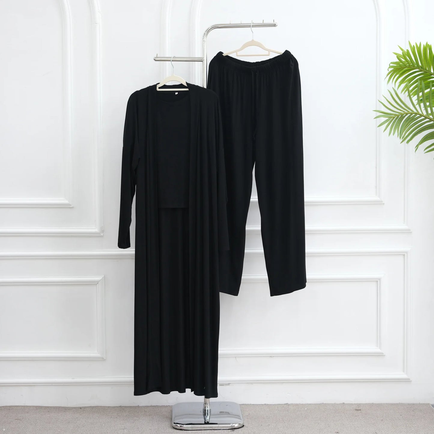 Muslim 3 Piece Set Women Cardigan Shirt Wide Leg Pant Blouse Top Suit Musulman Ensemble Dubai Casual Femme Outfits Solid Casual