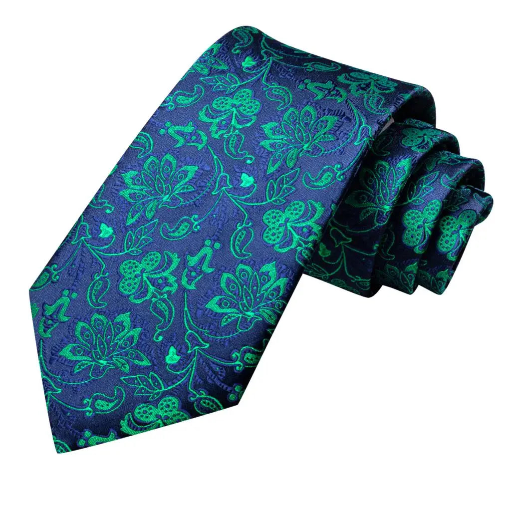 Hi-Tie Teal Green Floral Mens Fashion Necktie Handkerchief Cufflinks for Tuxedo Accessory Classic Silk Luxury Tie for Man Gift
