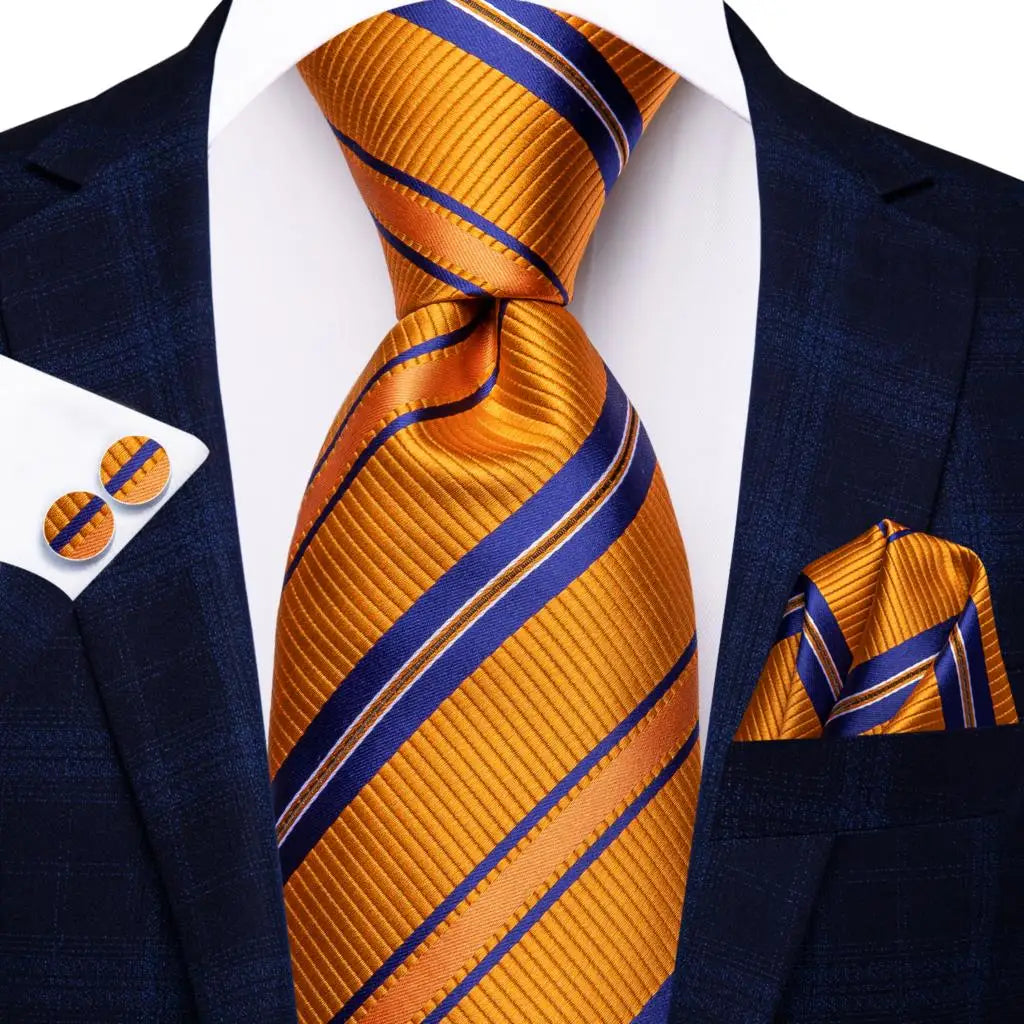 Hi-Tie Men Fashion Striped Navy Blue Necktie Handkerchief Cufflinks for Tuxedo Accessory Classic Silk Luxury Tie for Man Gift