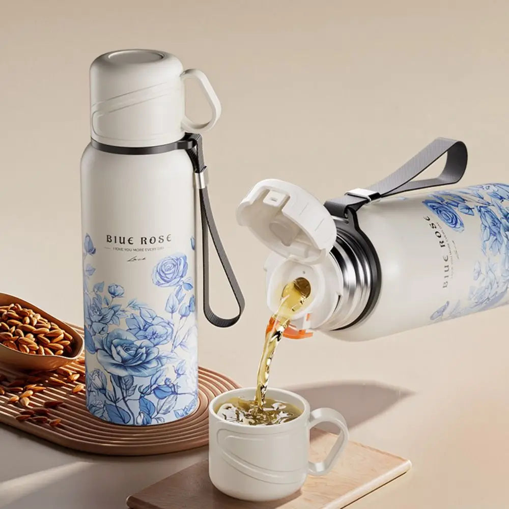 620ml Flower Pattern Thermos Bottle with Filter Stainless Steel Travel Mug Large-capacity Double Wall Thermal Cup Travel