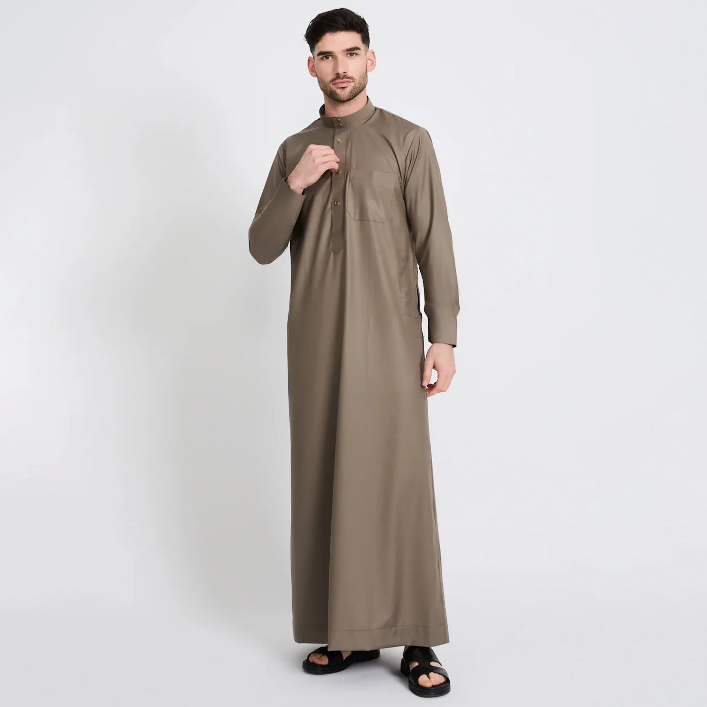 Mens Qatar Thobe with Pocket Design Stand Collar Arabic Middle East Menswear
