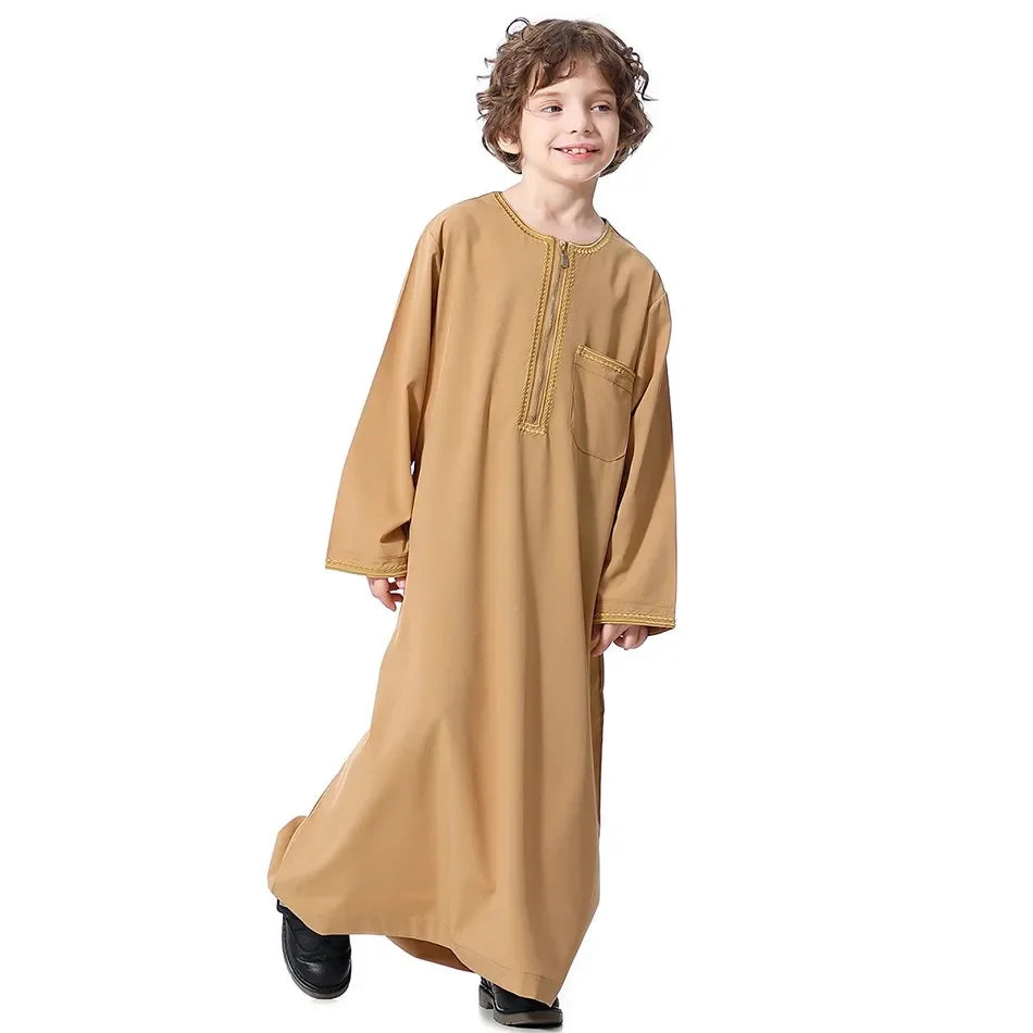 Teenage Boys' Summer Muslim Robe Kids Arab Folk Clothes Boys Solid Color Thobe 5-14 Years National Outfit for Children New