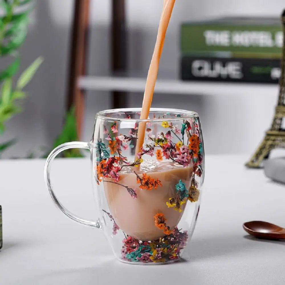 300ML Double-Wall Flower Glass Coffee Mug High Borosilicate Transparent Tea Milk Drinking Cup with Dry Flower Design for Gifts