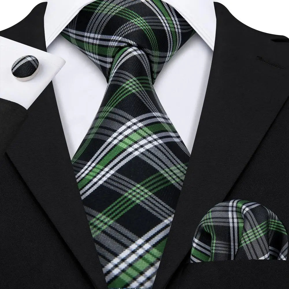 Hi-Tie Plaid Silk Tie For Men Elegant Mens Blue Grey Necktie Pocket Square Cufflink Groom Wedding Accessory Wholesale Designer