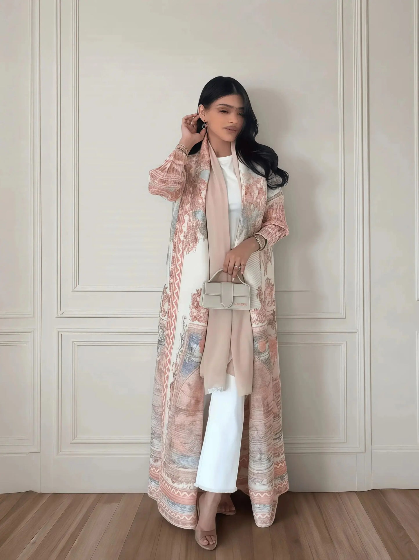 Fold Elegant Vintage Print Open Front Abaya, Lightweight Flowy Loose Fit Women's Modest Fashion Long Kimono Cardigan