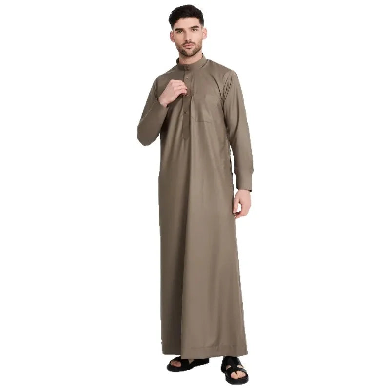 Traditional Qatar Thobe for Men - Stand Collar Pocket Design Arabic Middle East Clothing