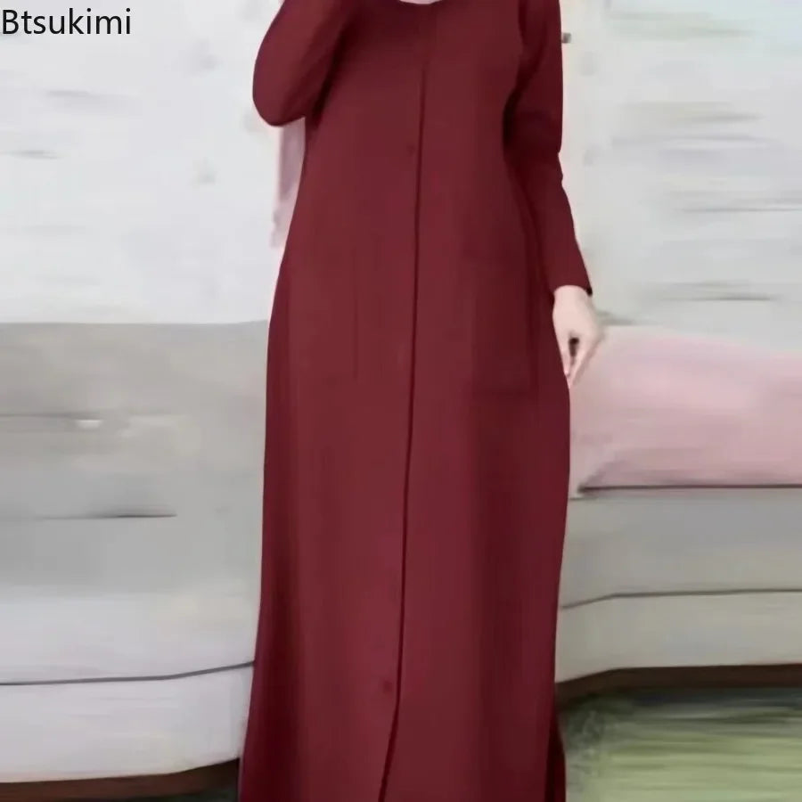 Fashion Women Muslim Solid Abaya Ramadan Turkey Dress Spring Long Sleeve Casual Shirt Dress Hijab Arab Robe Islam Clothing Femme