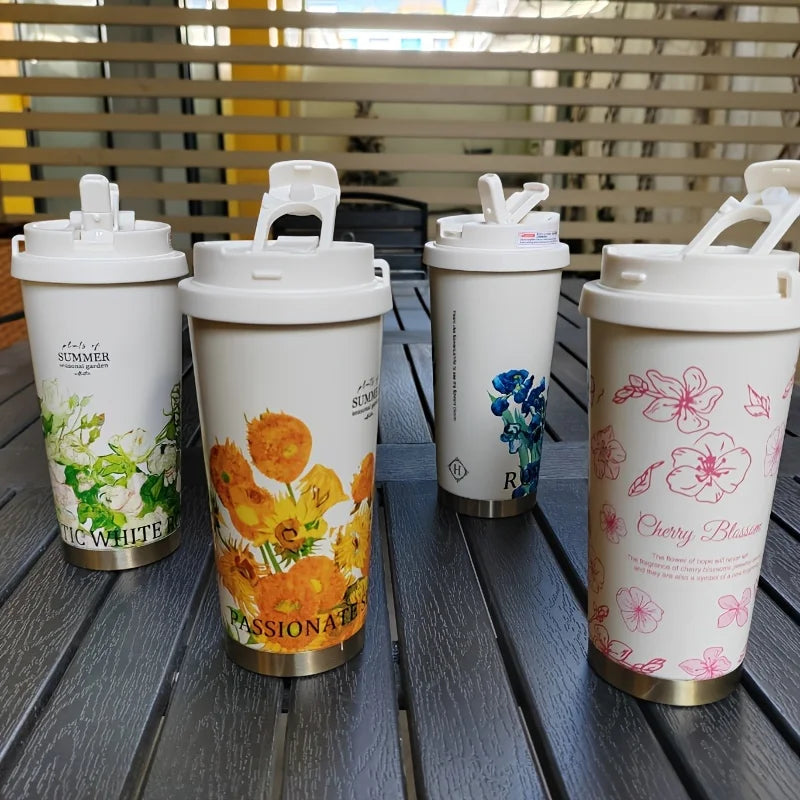 Coffee Mug Woman 500ml ，Stainless Steel Vacuum Flask with Straw and Thermal Cup for Drinking Directly