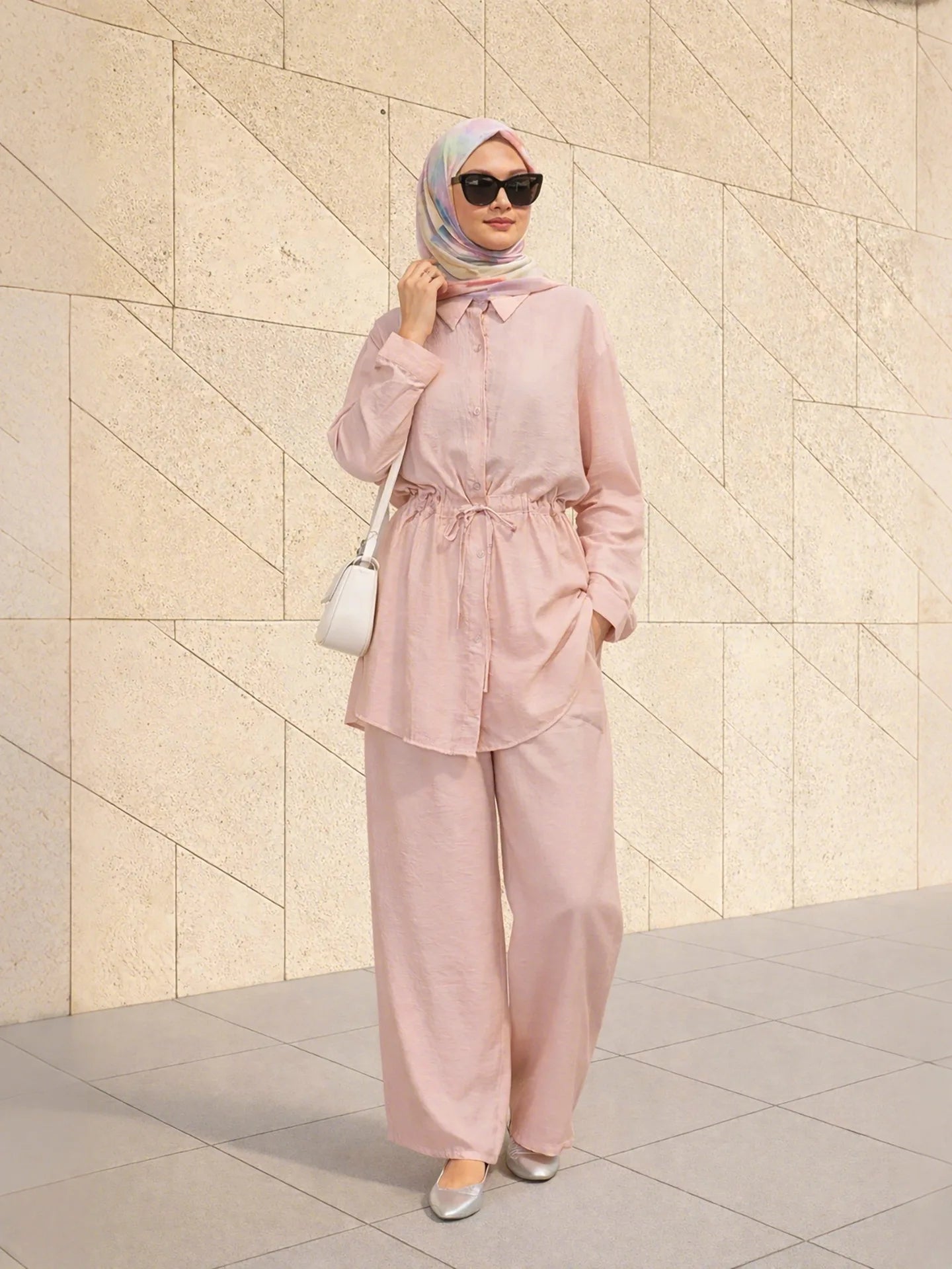 Turn Down Collar Rope Laced 2 Piece Set Women Clothing Wide Leg Pants Ramadan Prayer Dubai Islamic Clothes Turkish Abaya