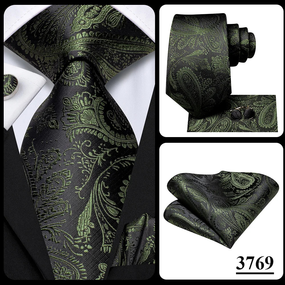 Hi-Tie Teal Green Floral Mens Fashion Necktie Handkerchief Cufflinks for Tuxedo Accessory Classic Silk Luxury Tie for Man Gift